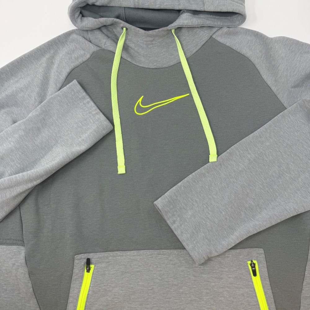 Nike Therma-FIT Mens Large Hoodie Grey Volt Neon Zip Pocket Pullover DD2112-084